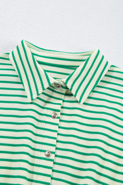 Green Stripe Textured Short Sleeve Collared Buttoned Waist Tie Romper