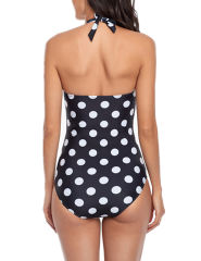 Black Polka Dot Print Halter One Piece Swimsuit