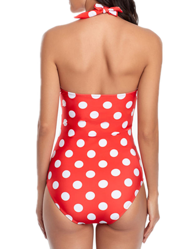 Red Polka Dot Print Halter One Piece Swimsuit