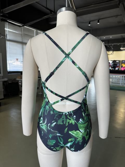 Green Printed Criss-cross Back One Piece Swimsuit