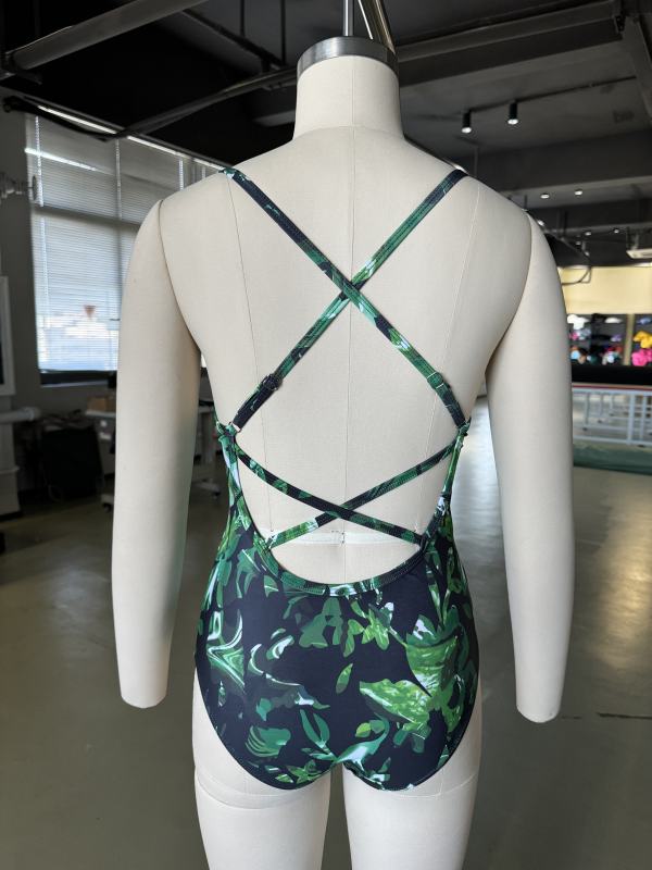 Green Printed Criss-cross Back One Piece Swimsuit