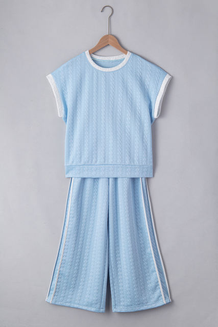 Beau Blue Textured Colorblock Edge Tank Top High Waist Pants Set