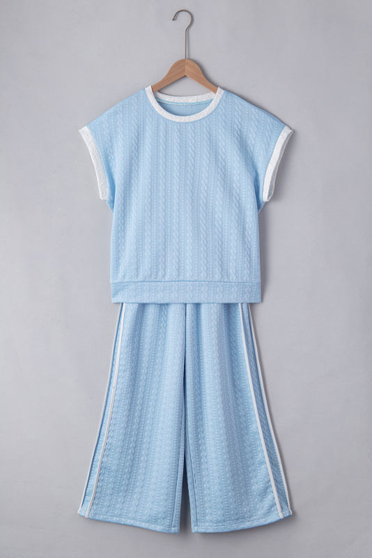 Beau Blue Textured Colorblock Edge Tank Top High Waist Pants Set