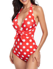 Red Polka Dot Print Halter One Piece Swimsuit