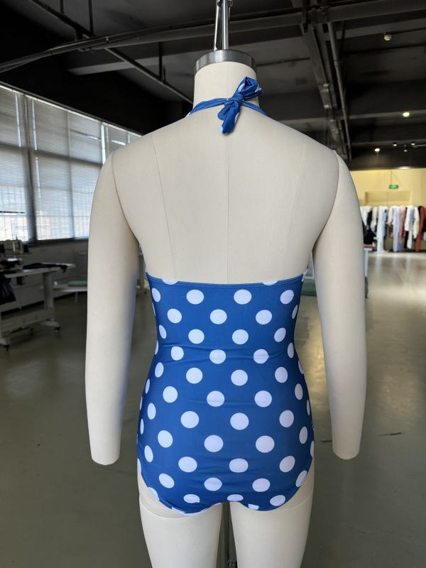 Blue Polka Dot Print Halter One Piece Swimsuit