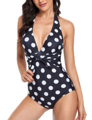 Black Polka Dot Print Halter One Piece Swimsuit