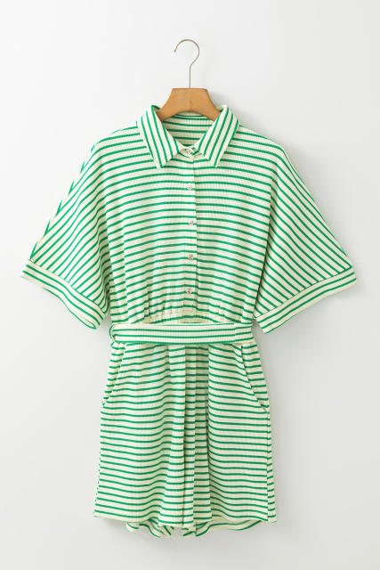 Green Stripe Textured Short Sleeve Collared Buttoned Waist Tie Romper
