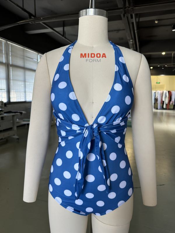 Blue Polka Dot Print Halter One Piece Swimsuit