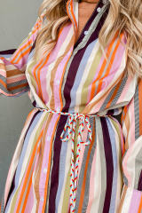 White Multicolor Striped Cuffed Sleeve Tassel Tied Shirt Maxi Dress