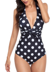 Black Polka Dot Print Halter One Piece Swimsuit