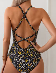 Black Printed Criss-cross Back One Piece Swimsuit