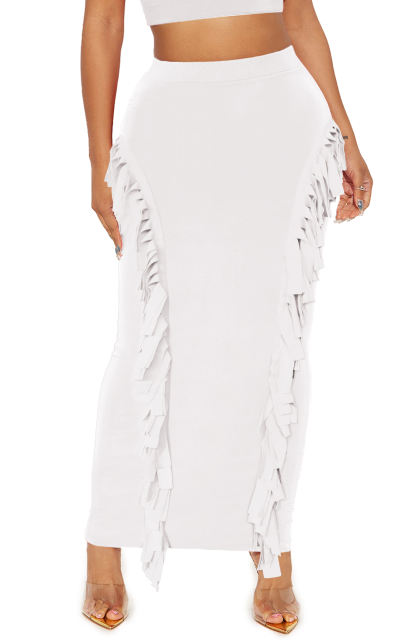 White Solid Color Fringed Bodycon Maxi Skirt