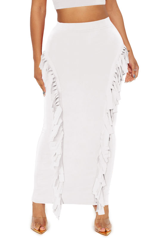 White Solid Color Fringed Bodycon Maxi Skirt