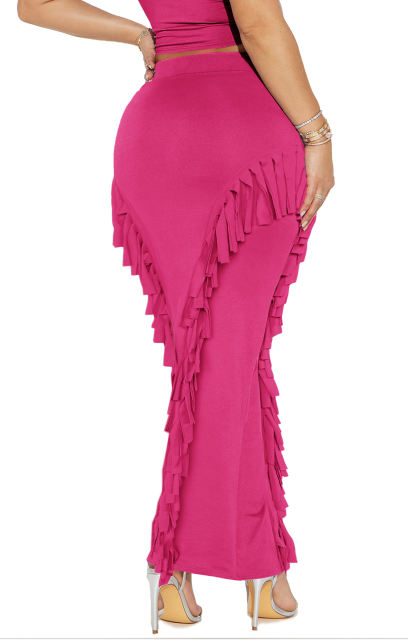 Rosy Solid Color Fringed Bodycon Maxi Skirt