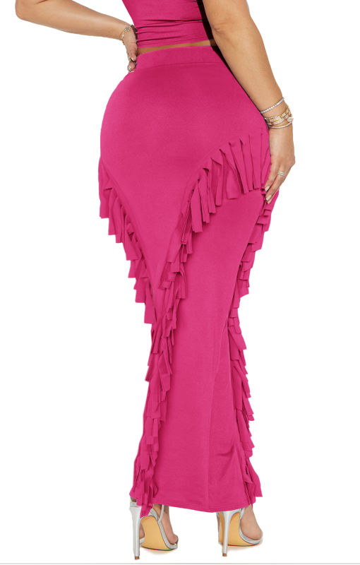 Rosy Solid Color Fringed Bodycon Maxi Skirt