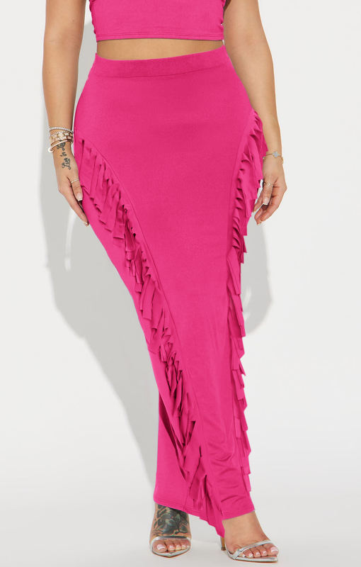 Rosy Solid Color Fringed Bodycon Maxi Skirt