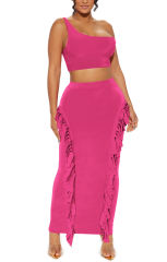 Rosy Solid Color Fringed Bodycon Maxi Skirt