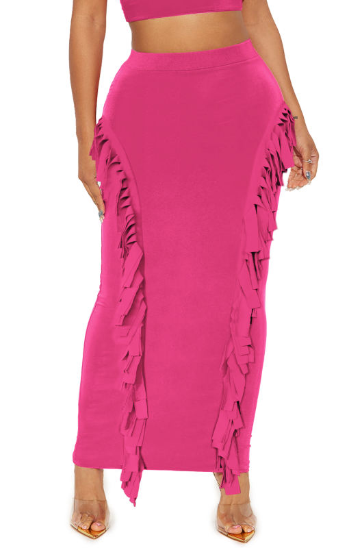 Rosy Solid Color Fringed Bodycon Maxi Skirt