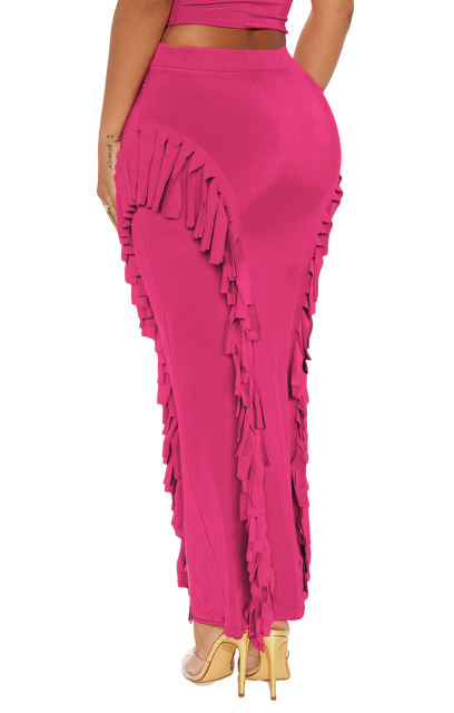 Rosy Solid Color Fringed Bodycon Maxi Skirt
