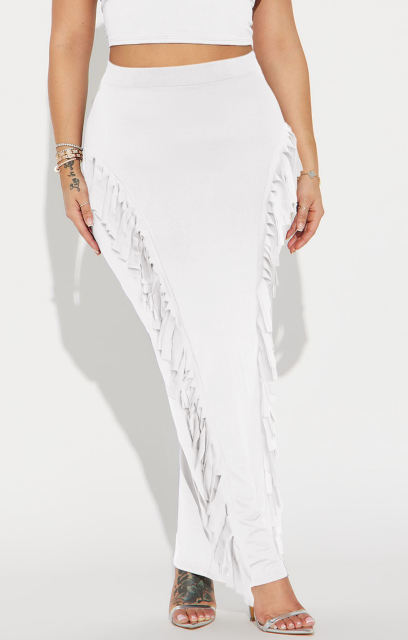 White Solid Color Fringed Bodycon Maxi Skirt