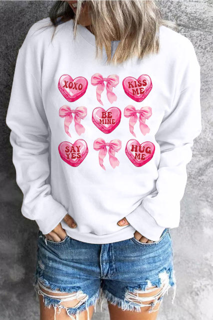 White Valentine Candy Heart &amp; Bow Graphic Sweatshirt