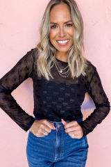 Black Mesh Bow Pattern Long Sleeve Top