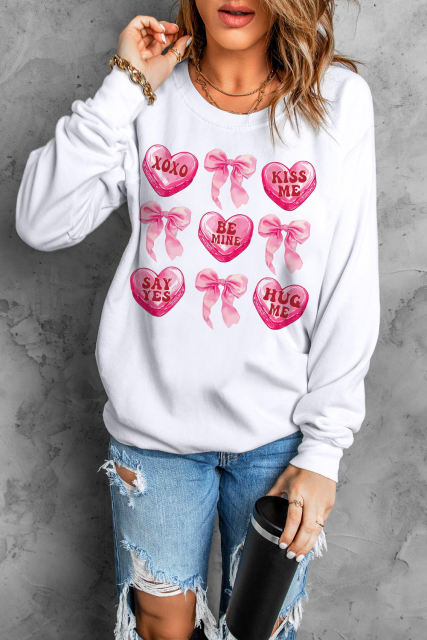 White Valentine Candy Heart &amp; Bow Graphic Sweatshirt