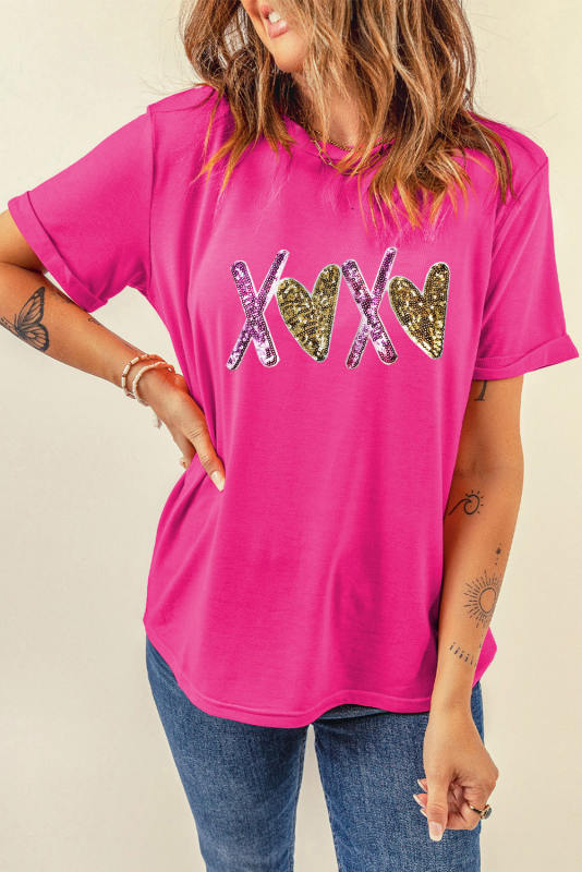 Rose Red Heart XOXO Graphic Crewneck Valentines T Shirt