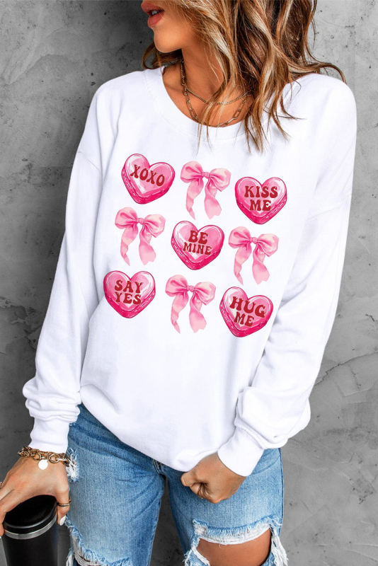 White Valentine Candy Heart &amp; Bow Graphic Sweatshirt
