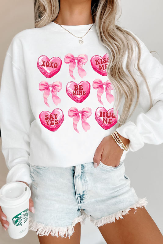 White Valentine Candy Heart &amp; Bow Graphic Sweatshirt