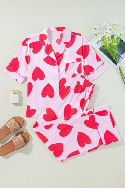 Pink Classic Heart Valentines Short Sleeve Pants Pajamas Set