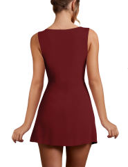 Burgundy Square Neck Ruched Side Split Sleeveless Mini Dress