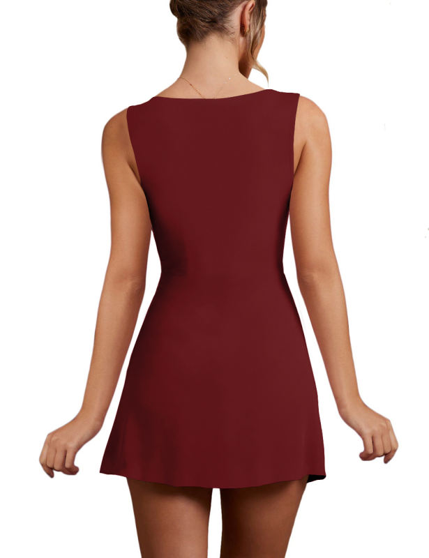 Burgundy Square Neck Ruched Side Split Sleeveless Mini Dress