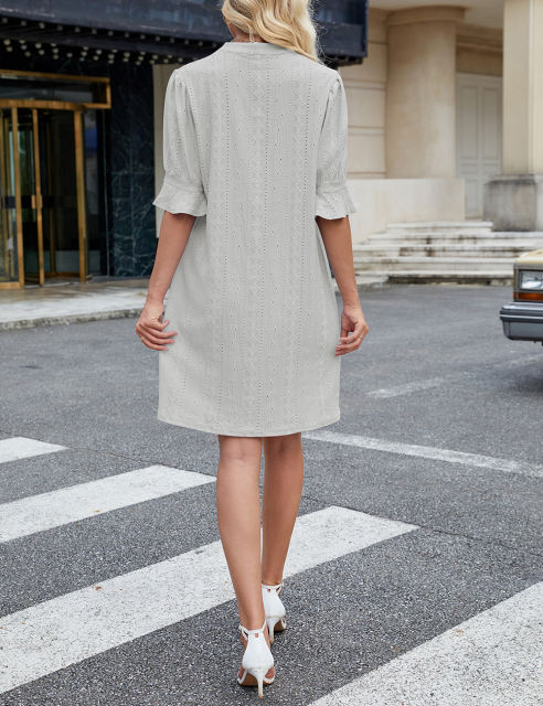 Grey Jacquard Half Sleeve Split V Neck Shift Dress
