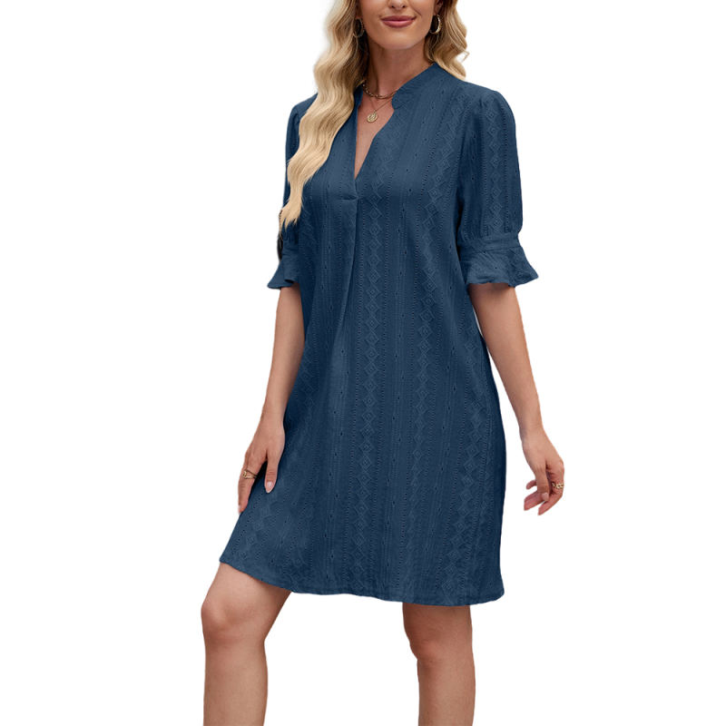Dark Blue Jacquard Half Sleeve Split V Neck Shift Dress