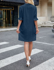 Dark Blue Jacquard Half Sleeve Split V Neck Shift Dress