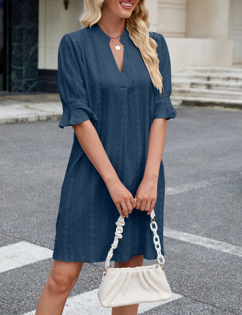 Dark Blue Jacquard Half Sleeve Split V Neck Shift Dress