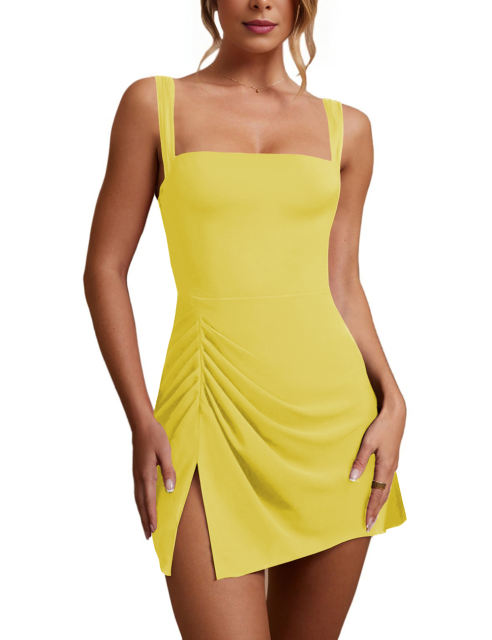 Yellow Square Neck Ruched Side Split Sleeveless Mini Dress