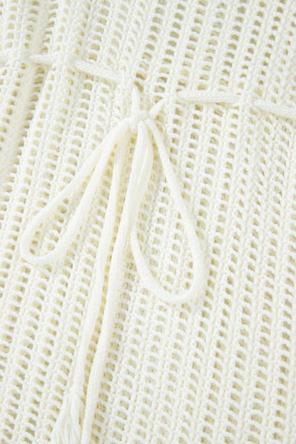 White Crochet Fishnet Fringed Edge V Neck Beach Cover Up