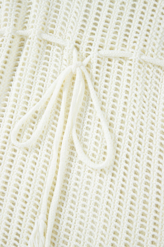White Crochet Fishnet Fringed Edge V Neck Beach Cover Up