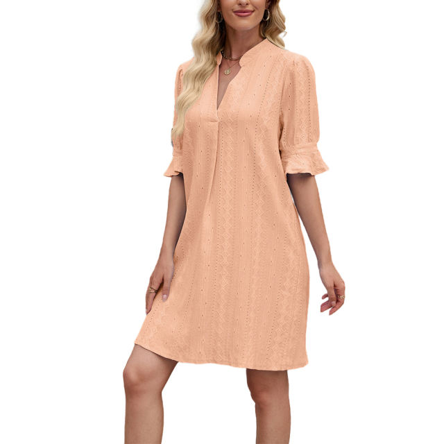 Orange Jacquard Half Sleeve Split V Neck Shift Dress