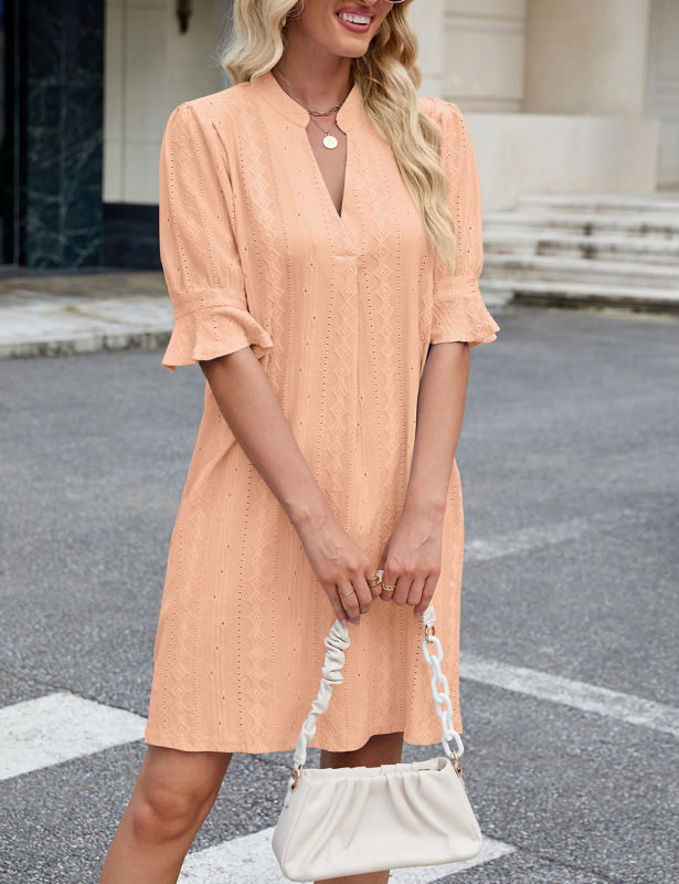 Orange Jacquard Half Sleeve Split V Neck Shift Dress