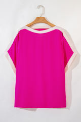 Rose Red Oversized Color Block Boat Neck Tunic Blouse