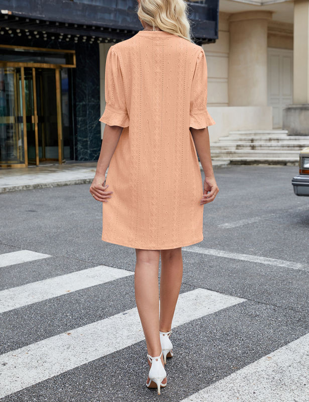 Orange Jacquard Half Sleeve Split V Neck Shift Dress