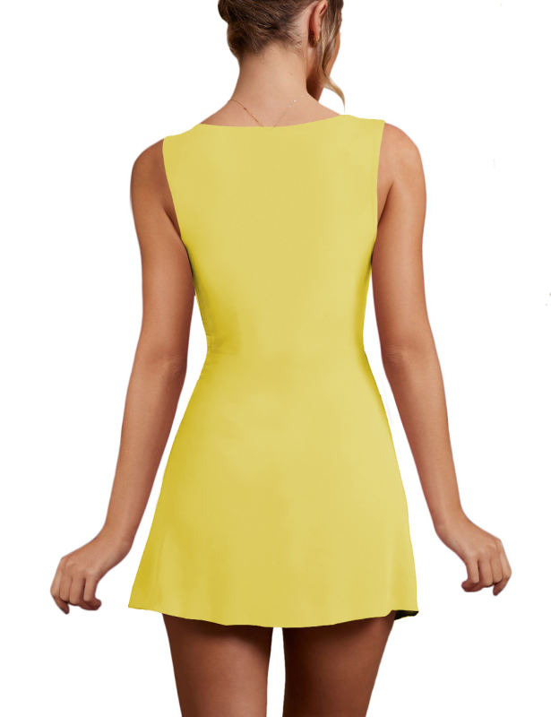Yellow Square Neck Ruched Side Split Sleeveless Mini Dress
