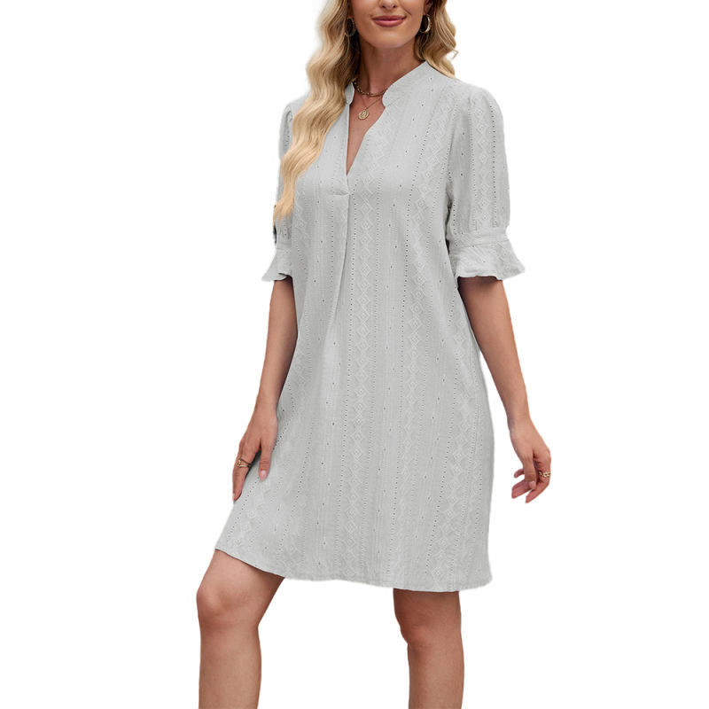 Grey Jacquard Half Sleeve Split V Neck Shift Dress