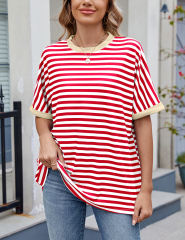 Red Striped Contrast Crew Neck Loose Fit T-shirt