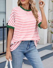 Pink Striped Contrast Crew Neck Loose Fit T-shirt
