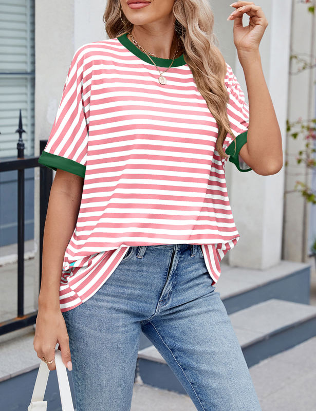 Pink Striped Contrast Crew Neck Loose Fit T-shirt