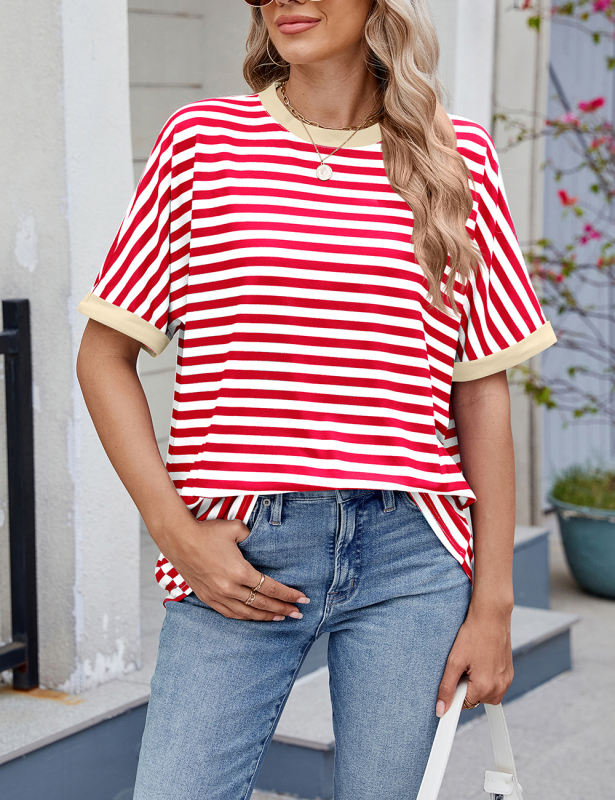 Red Striped Contrast Crew Neck Loose Fit T-shirt